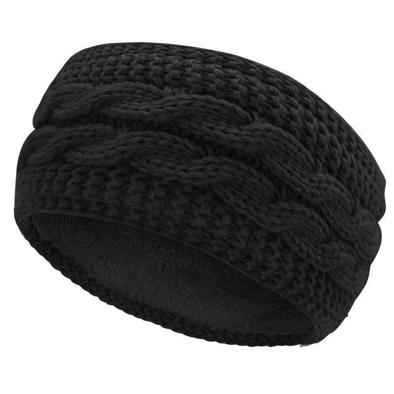 Womens Ear Warmers Winter Headbands Stretch Fuzzy Cable Knit  Wrap Fuzzy Fleece Lined Warm Ear Muffs D1-DJHRT (Black)