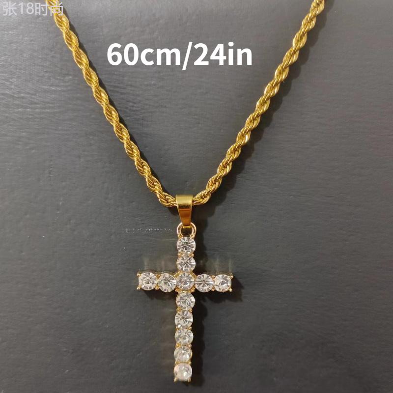 5pcs Hip Hop Men's Jewelry Set: Iced Out Rhinestone Quartz Watch, Cuban Chain Bracelet, Necklace, Ring & Cross Pendant - Fashionable Gift for Christmas