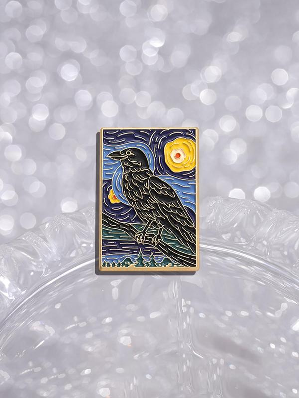 Oil Painting Series Brooch, Galaxy & Crow Pattern Brooch Pin, Fashion Alloy Badge for Daily Clothing Decor, Trendy All-match & Exquisite Brooch for Birthday Gift