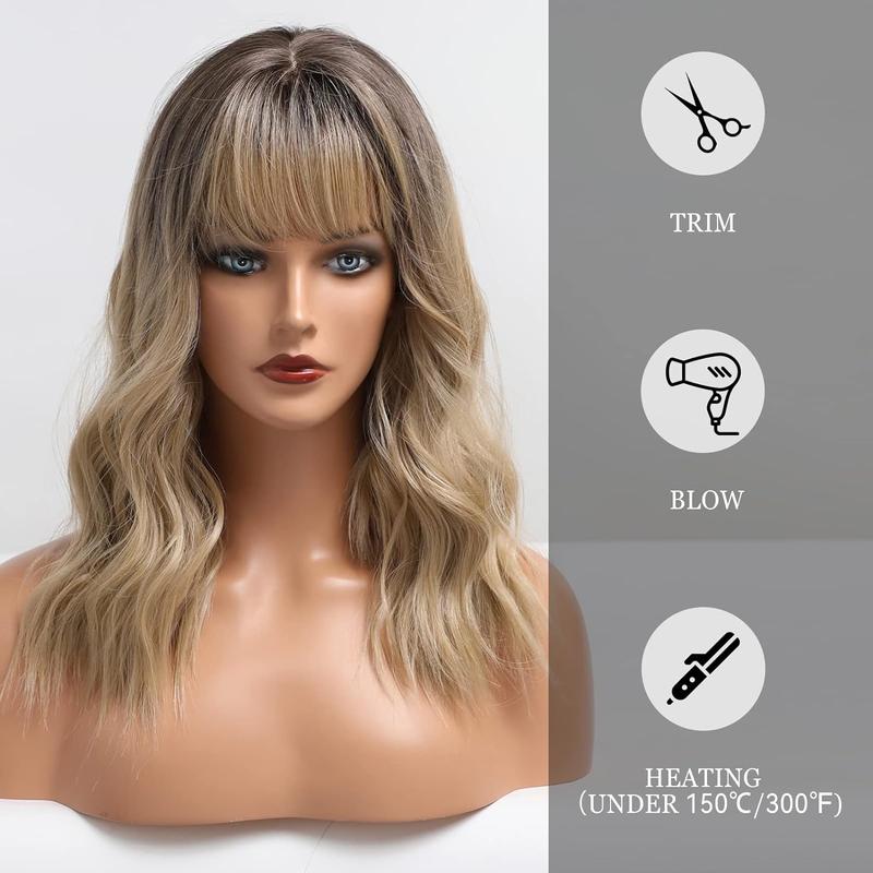 Honey Brown 22 Inches Wave Bob Wig Mixed Blonde Shoulder Length Curly Brown Synthetic Wig with Bangs Wigs for Women for Party Daily Use