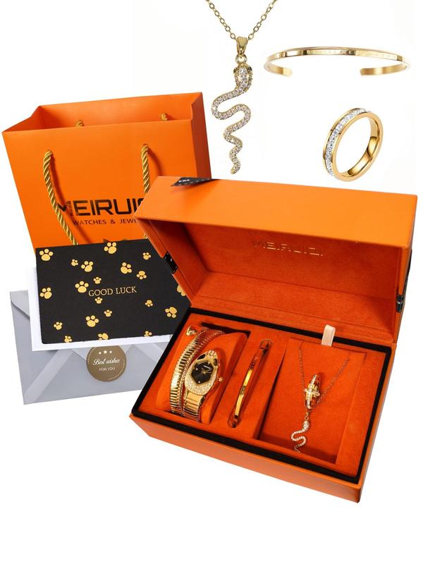 Women's Elegant Snake Design Quartz Watch & Jewelry Set, Including Wristwatch & Bangle Bracelet & Ring & Pendant Necklace, Fashion Watch Set for Gift with Box