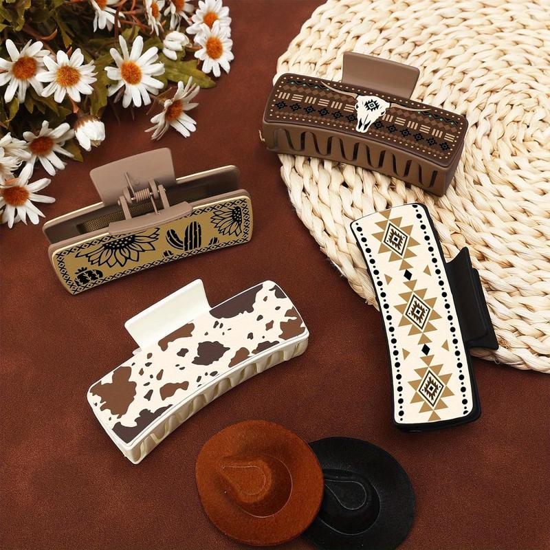 Southwest Cow Print Hair Clips: Floral Square Claw Clips for Hairstyling - Western Cowgirl Style - PU Leather - Animal Print - Large and Elegant - Gift for Women and Girls - Suitable for Ages 14 and Up