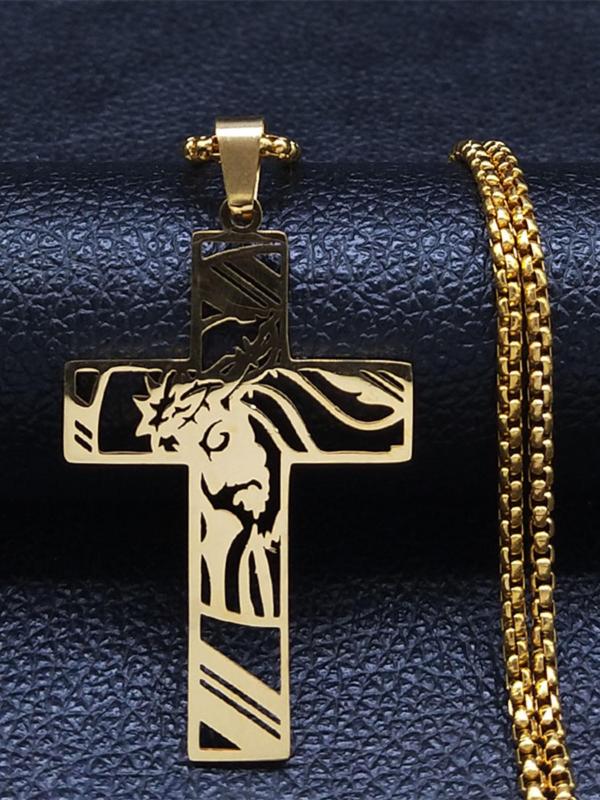 Stainless Steel Cross Pendant Necklace, 2024 New Style Fashion Christ God Cross Jesus Design Jewelry, Trendy All-match Jewelry for Birthday Gift