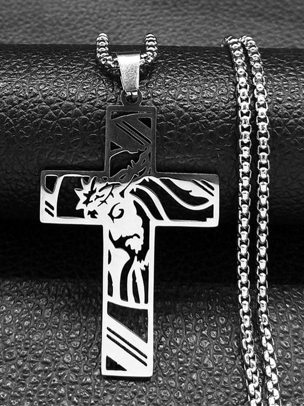 Stainless Steel Cross Pendant Necklace, 2024 New Style Fashion Christ God Cross Jesus Design Jewelry, Trendy All-match Jewelry for Birthday Gift