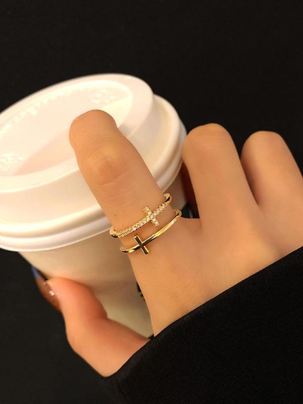 Fashion Cross Design Open Ring, Rhinestone Decor Fashion Jewelry for Party, Daily Clothing Decor, Trendy All-match & Exquisite Jewelry for Birthday Gift