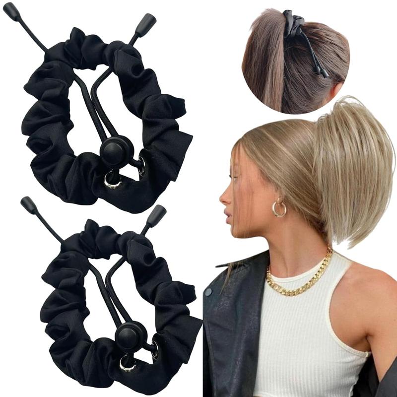 2 Pcs Adjust Satin Hair Scrunchies for Women Girls, Adjustable Hair Ties Soft Than Silk for 4c Girlie Thick Curly Natural Hair, Easy to Use Hair Accessories for Afro Puff Loc Ponytails (black)