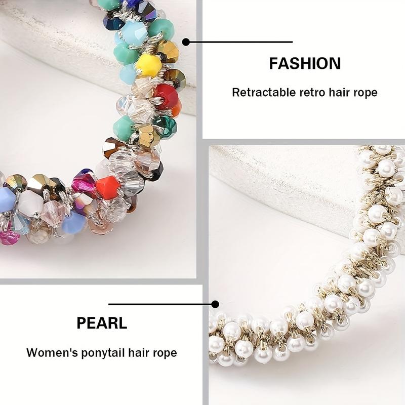 A Set of Fashionable Pretend Pearls and Rhinestone Hair Band, Elegant Elastic Hair Accessories, Pretend Pearls Ponytail Rope, Retractable Hair Rope, Hair Accessories for Ladies and Daily Use