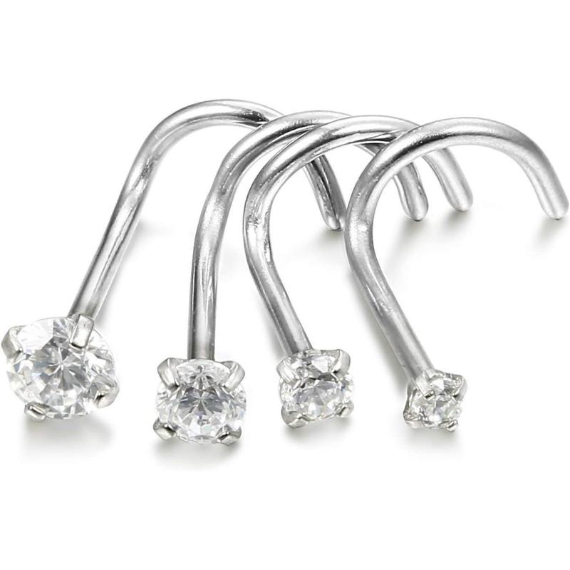 FLORIDECO 18G 20G 4 Pcs Stainless Steel Nose Rings Studs Screw Piercing Body Jewelry 1.5mm 2mm 2.5mm 3mm CZ Daily