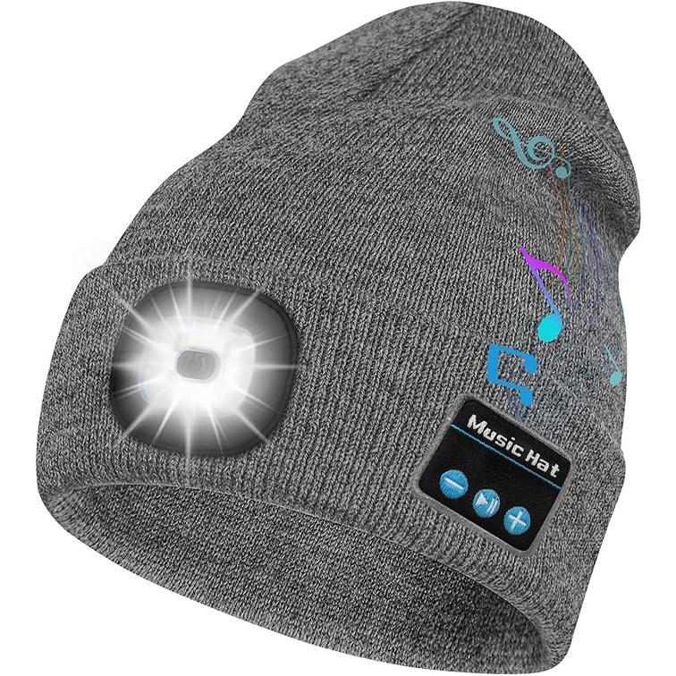 Bluetooth Beanie with Light Unisex Beanie Hat with Wireless Headphones Built-in Speaker Mic Rechargeable LED Skullcap Winter Beanie Headlamp Cap Gifts for Men & Women Black Gray