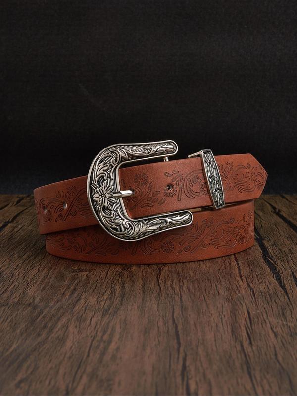 Women's Boho Style Floral Carved Pu Buckle Belt, Vintage Western Belt for Jeans & Dress, Fashion Accessories for Daily Use