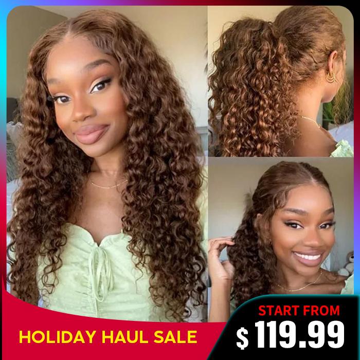 Ashimary Water Wave Invisi-Strap Snug Fit 360 Lace Frontal Pre-Cut Bleached Knots Chocolate Brown Glueless Lace Wig