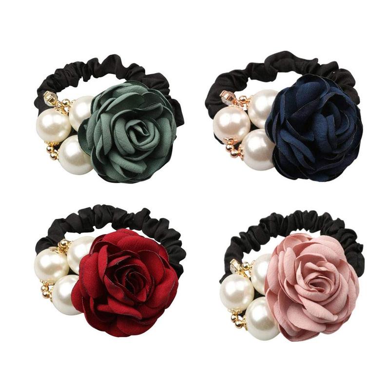 4Pcs Korean Fashion Pearl Hair Rope Rose Flower Rhinestone Hair Ties  Jewelry Rubber Band