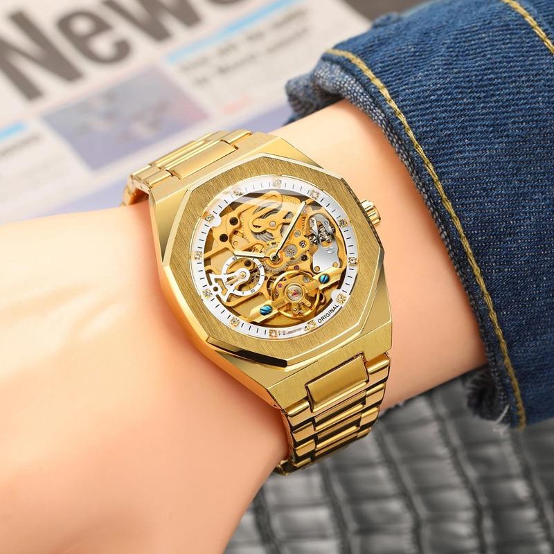 Classic Business Rhinestone Decorated Analog Mechanical Watchfor Men, Fashion Luminous HandsWatch for Party, Daily Decor, TrendyWatch for Birthday Gift with Box, FallOutfits,Fall Freshness