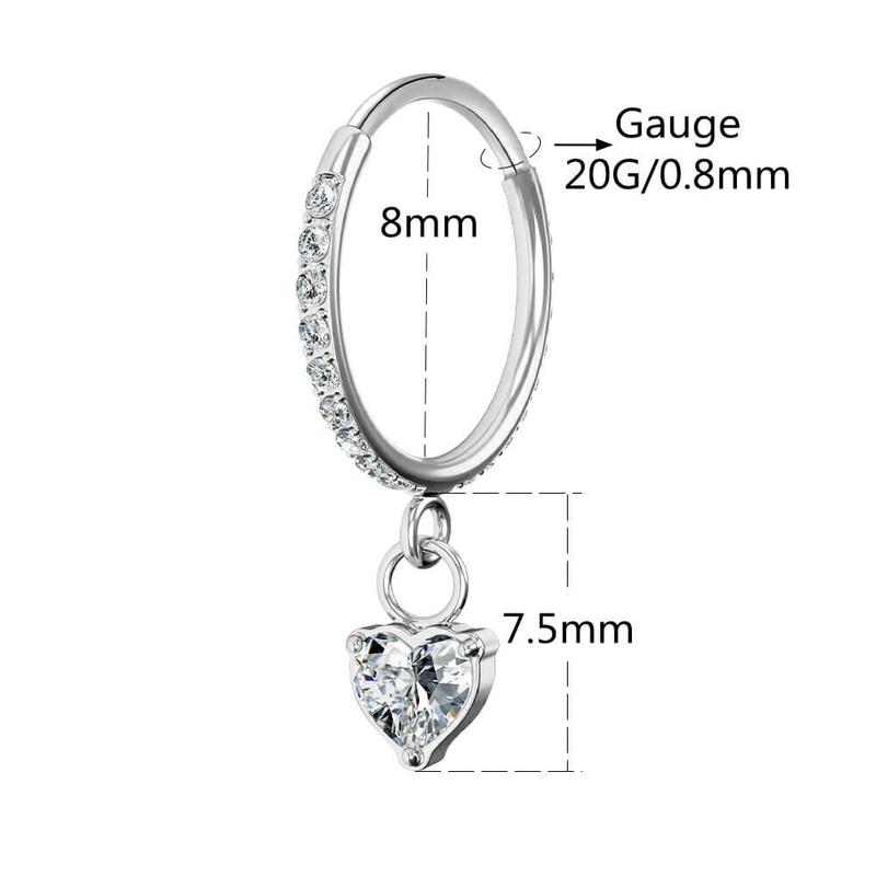 Oufer 16G 18 20G Heart Star Rectangle Dangle CZ Nose Nostril Hoop Helix Rook Lobe Nose Cartilage Lobe Piercing Hoop Ring Inner Diameter 8mm