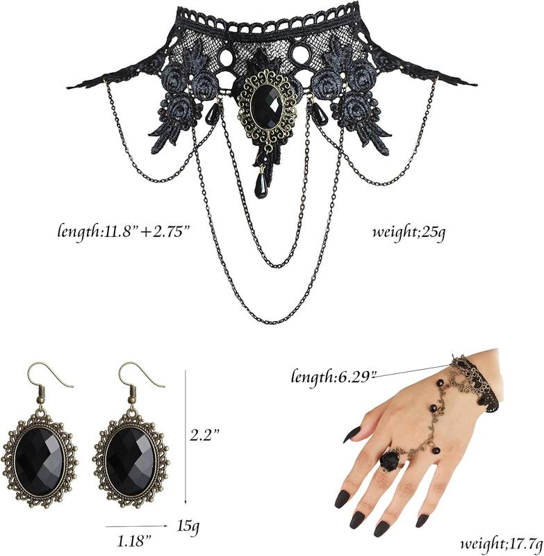 4 count Hoween Black Vampire Costume Necklace with Bracelet and Earrings Set for Woman Gothic Vintage Witch Accessories Jewelry for Hoween Costume Party Victorian Dress