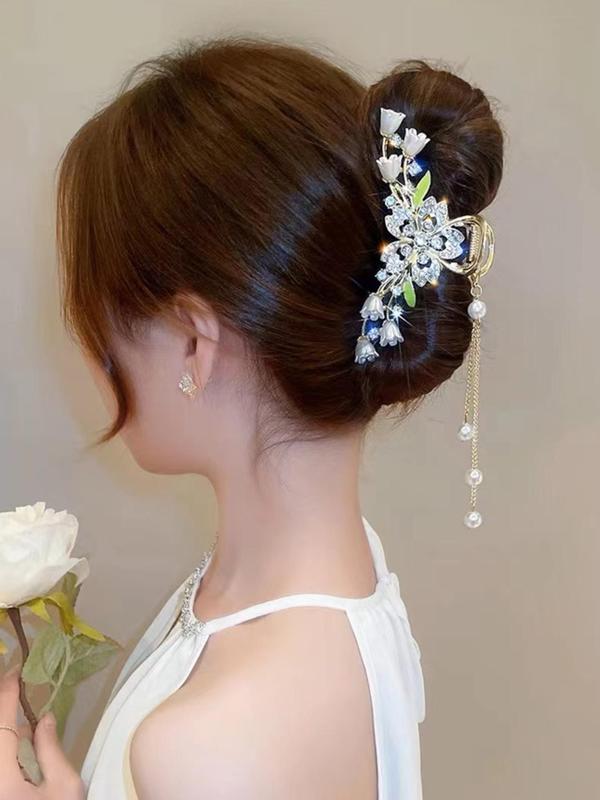 Faux Pearl & Flower Decorated Hair Claw, Elegant Rhinestone Decor Hair Accessories for Women & Girls, Cute Lovely Hairwear for Daily Used