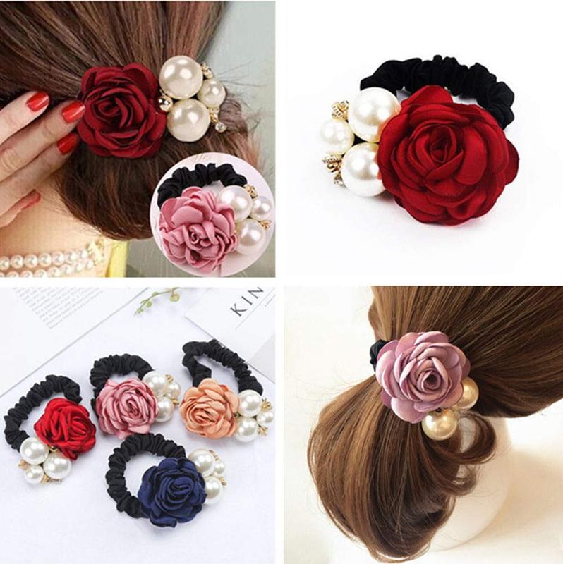 4Pcs Korean Fashion Pearl Hair Rope Rose Flower Rhinestone Hair Ties  Jewelry Rubber Band