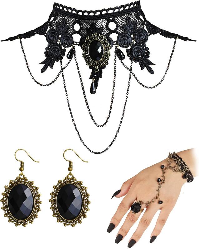 4 count Hoween Black Vampire Costume Necklace with Bracelet and Earrings Set for Woman Gothic Vintage Witch Accessories Jewelry for Hoween Costume Party Victorian Dress