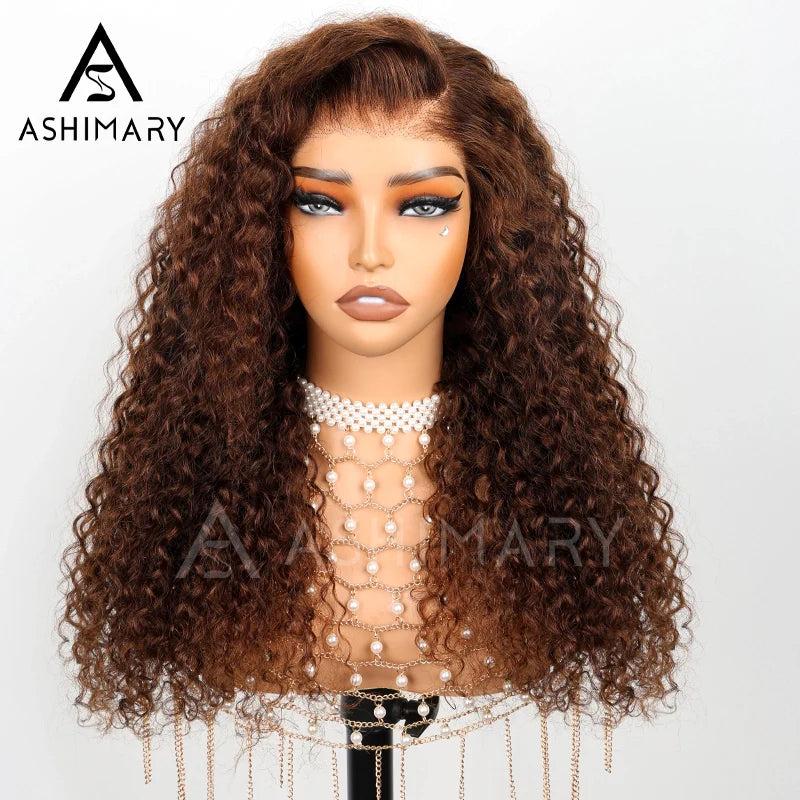 Ashimary Water Wave Invisi-Strap Snug Fit 360 Lace Frontal Pre-Cut Bleached Knots Chocolate Brown Glueless Lace Wig