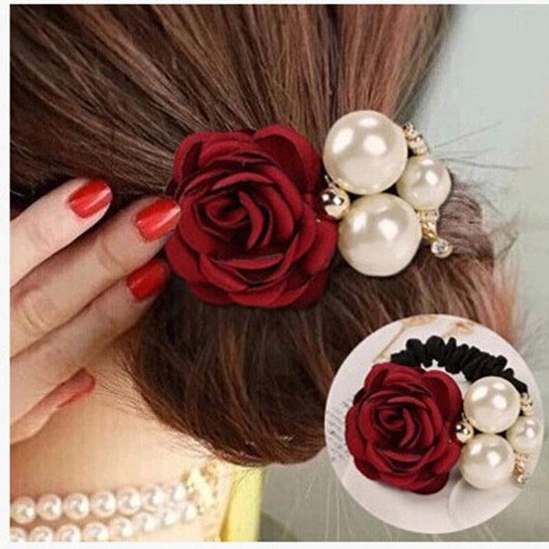 4Pcs Korean Fashion Pearl Hair Rope Rose Flower Rhinestone Hair Ties  Jewelry Rubber Band