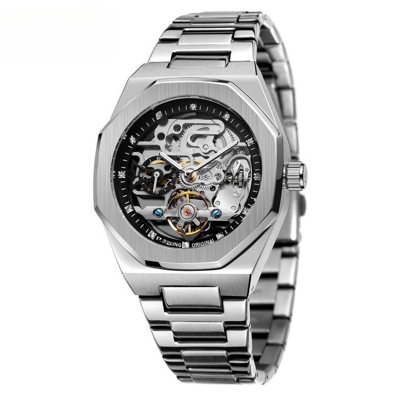 Classic Business Rhinestone Decorated Analog Mechanical Watchfor Men, Fashion Luminous HandsWatch for Party, Daily Decor, TrendyWatch for Birthday Gift with Box, FallOutfits,Fall Freshness