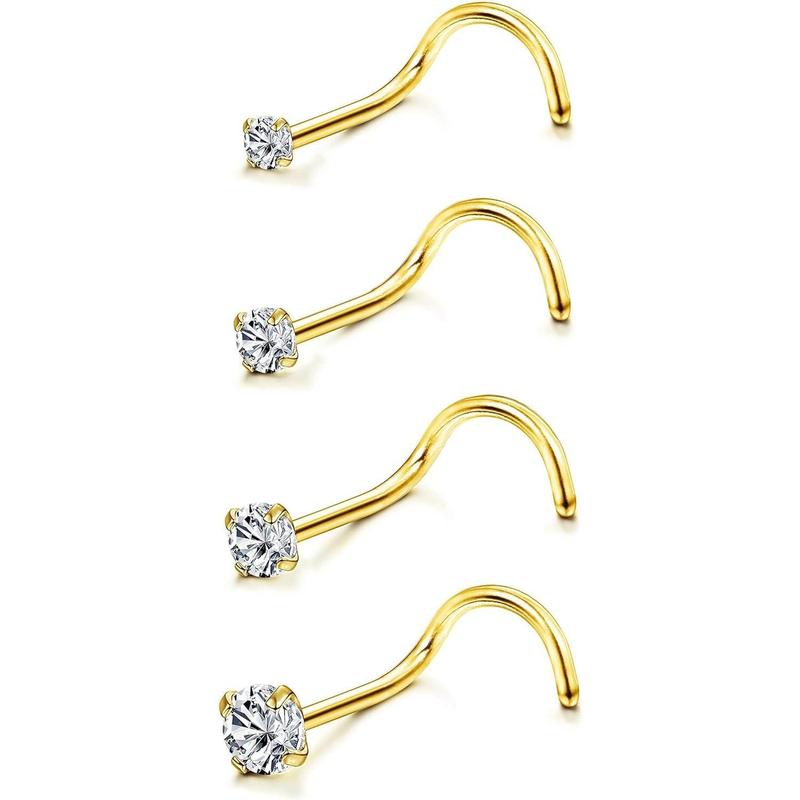 FLORIDECO 18G 20G 4 Pcs Stainless Steel Nose Rings Studs Screw Piercing Body Jewelry 1.5mm 2mm 2.5mm 3mm CZ Daily