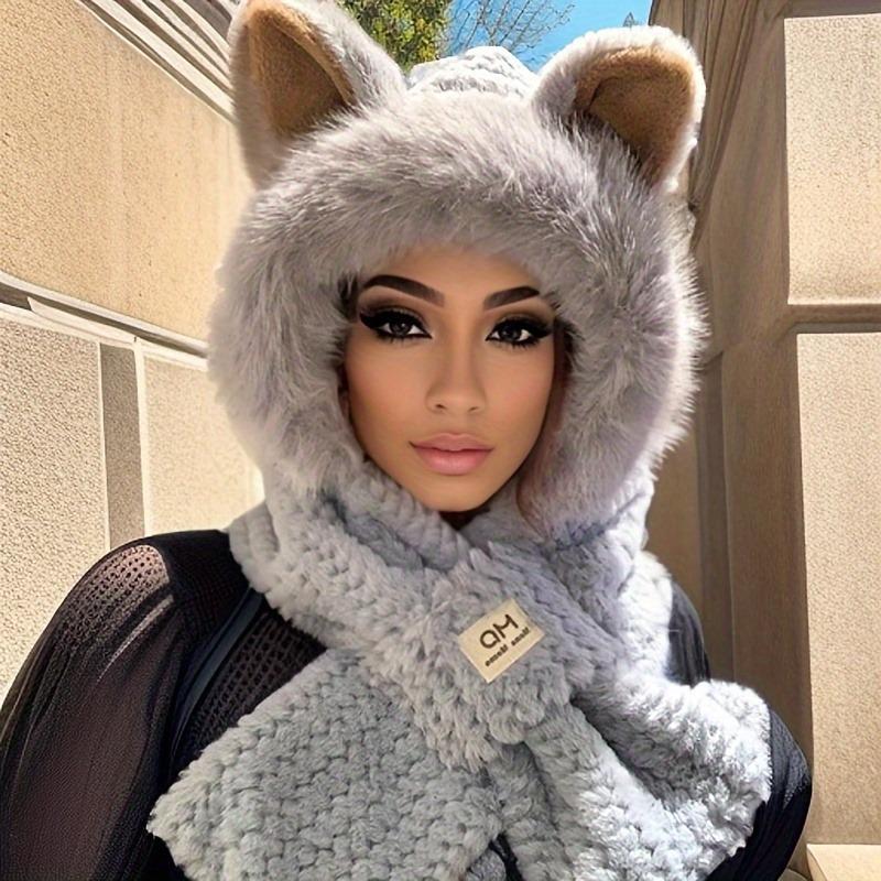 A winter warm hooded scarf with cartoon animal ears, plush knitted neck scarf, elastic moisture-wicking hood, cute and thick gift for women - Hat Scarf