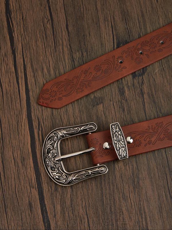 Women's Boho Style Floral Carved Pu Buckle Belt, Vintage Western Belt for Jeans & Dress, Fashion Accessories for Daily Use