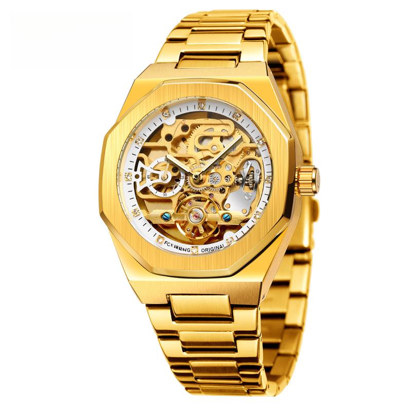 Classic Business Rhinestone Decorated Analog Mechanical Watchfor Men, Fashion Luminous HandsWatch for Party, Daily Decor, TrendyWatch for Birthday Gift with Box, FallOutfits,Fall Freshness