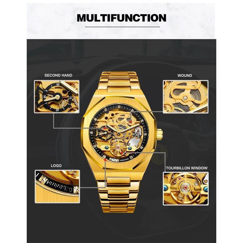 Classic Business Rhinestone Decorated Analog Mechanical Watchfor Men, Fashion Luminous HandsWatch for Party, Daily Decor, TrendyWatch for Birthday Gift with Box, FallOutfits,Fall Freshness