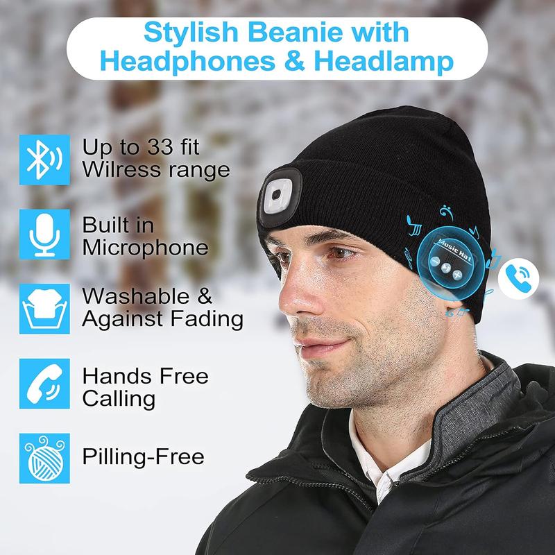 Bluetooth Beanie with Light Unisex Beanie Hat with Wireless Headphones Built-in Speaker Mic Rechargeable LED Skullcap Winter Beanie Headlamp Cap Gifts for Men & Women Black Gray