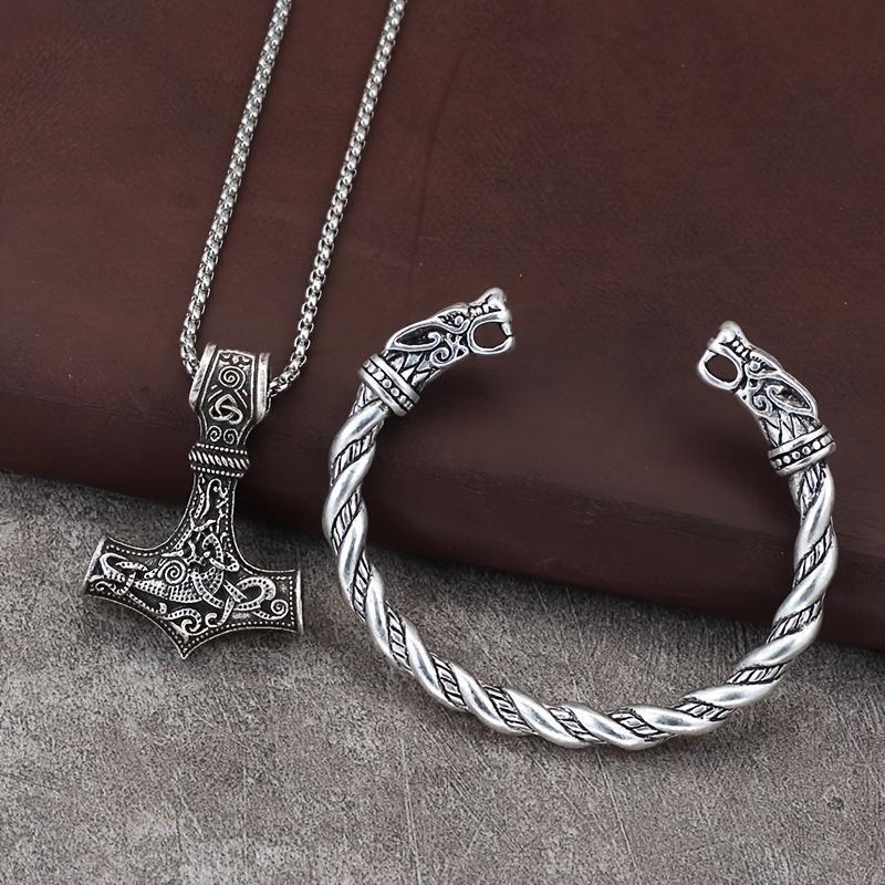 2 count Nordic Viking Pendant Necklace & Bracelet Set - Unisex Norse Jewelry for Men and Women