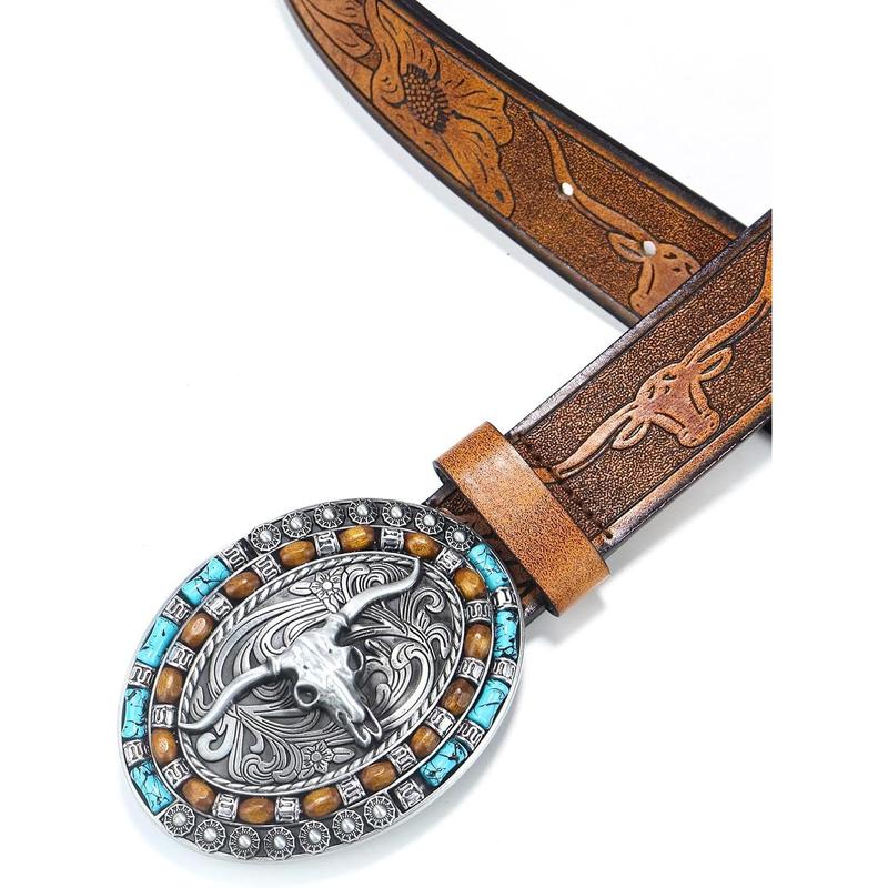 Utaly Western Cow Cow Leather Belts - Women Men Turquoise Embossed Waist Belts With LongHorn Bull Buckles Fit 25-39”