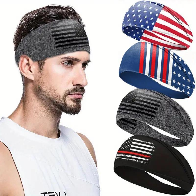 Men's American Flag Print Sweatband, 4 Counts set Breathable Non-slip Headband, Outdoor Sports Headband for Gym Workout Running