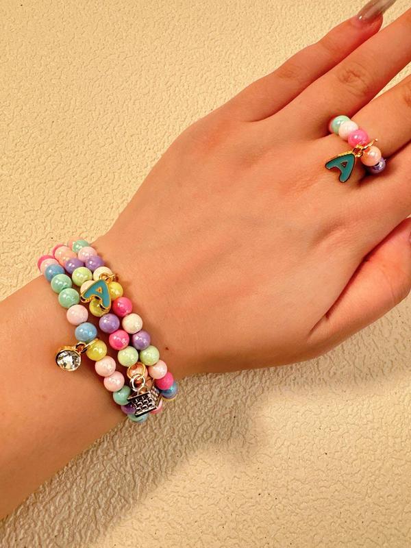 Cute Beaded Rhinestone Decor Bracelet & Letter Charm Ring Set, Colorful Beaded Bracelet & Ring, Fashion Accessories for Women & Girls