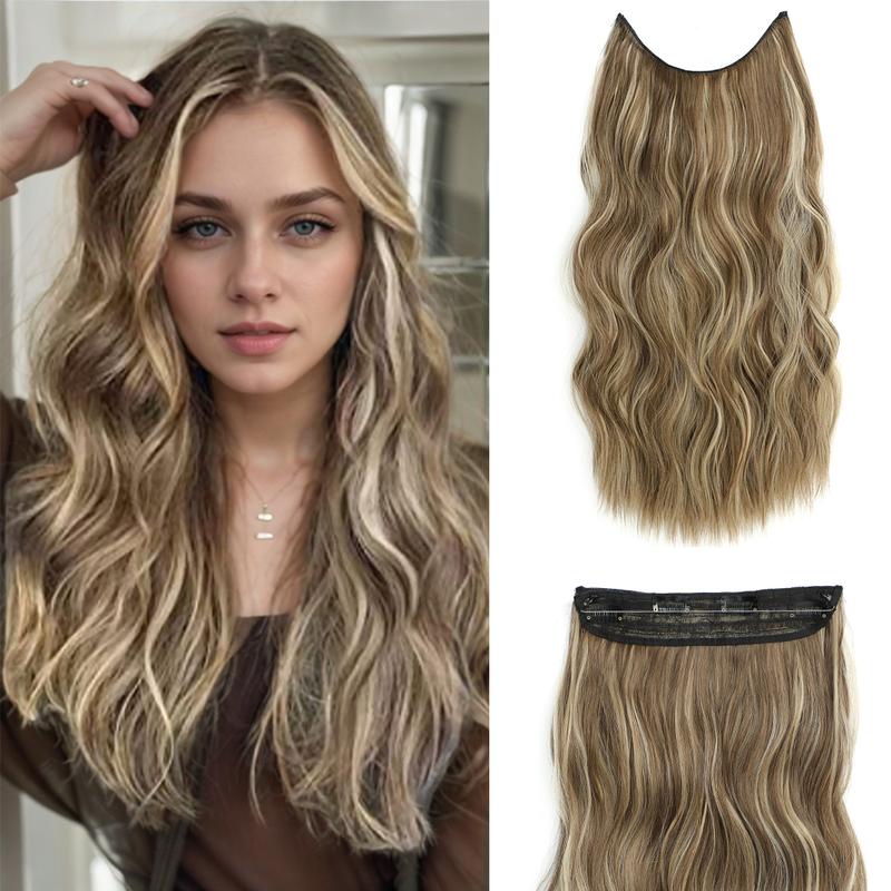 20inches Invisible Wire Hair Extensions with Transparent Wire Adjustable Size 4 Secure Clips Synthetic Long Wavy Secret Hairpiece for Women