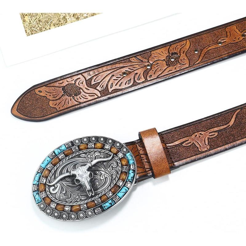 Utaly Western Cow Cow Leather Belts - Women Men Turquoise Embossed Waist Belts With LongHorn Bull Buckles Fit 25-39”