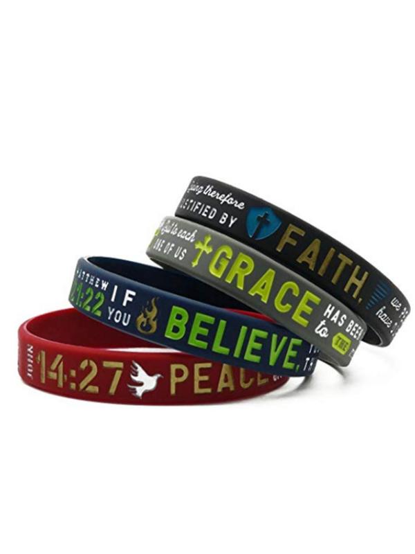 Christian Inspirational Believe Peace Grace Faith Bible Verse Silicone Bracelet (4pcs), Rubber Wristband for Women & Men, for Party, Daily Clothing Decor, Birthday Gift