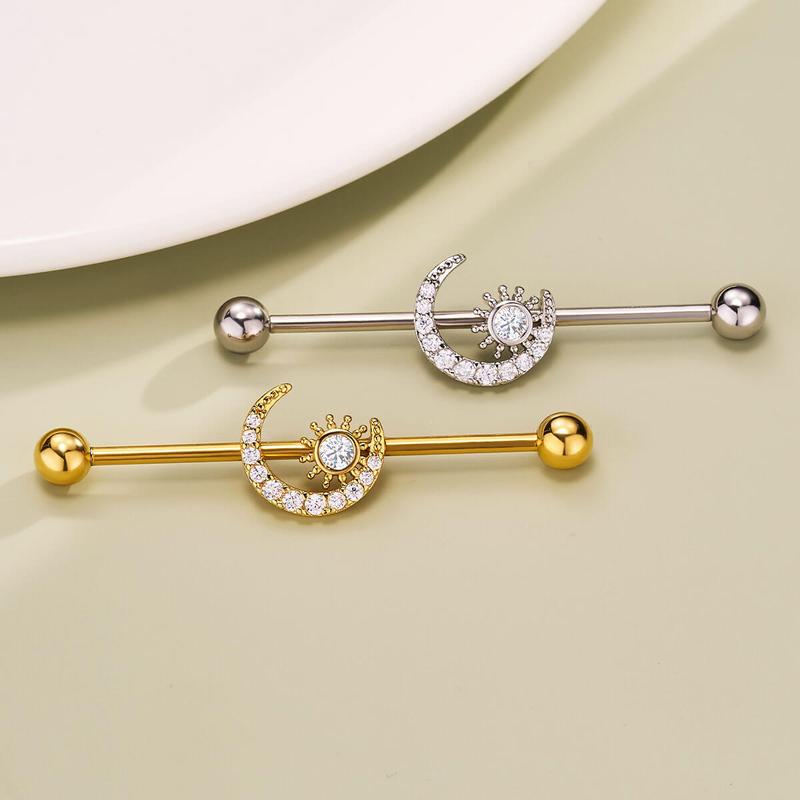 Oufer 14G Clear CZ Moon and Sun Industrial Barbell