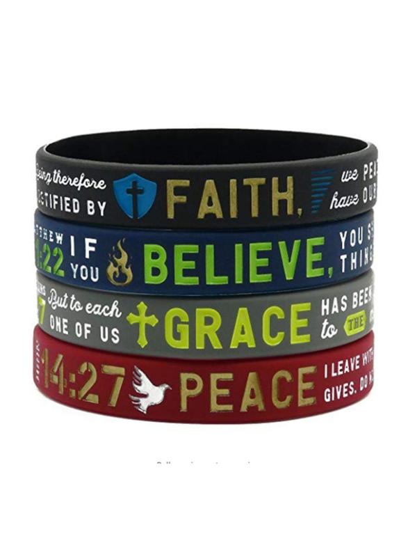 Christian Inspirational Believe Peace Grace Faith Bible Verse Silicone Bracelet (4pcs), Rubber Wristband for Women & Men, for Party, Daily Clothing Decor, Birthday Gift