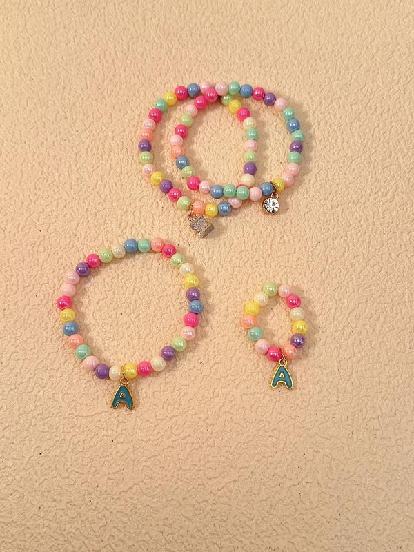 Cute Beaded Rhinestone Decor Bracelet & Letter Charm Ring Set, Colorful Beaded Bracelet & Ring, Fashion Accessories for Women & Girls