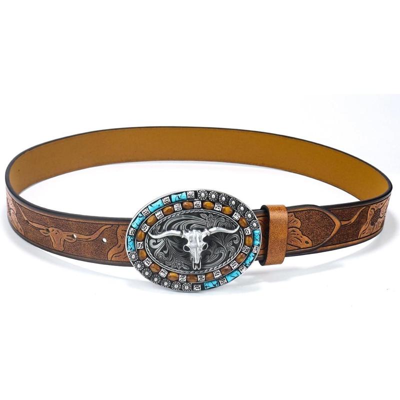 Utaly Western Cow Cow Leather Belts - Women Men Turquoise Embossed Waist Belts With LongHorn Bull Buckles Fit 25-39”