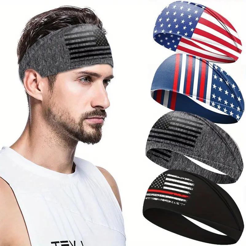 Men's American Flag Print Sweatband, 4 Counts set Breathable Non-slip Headband, Outdoor Sports Headband for Gym Workout Running