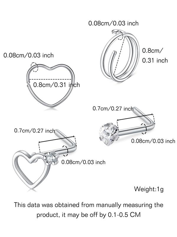 Rhinestone Decor L-shape Nose Ring (18pcs), Heart Shaped Nose Studs for Women & Men, Fashion Y2k Stainless Steel Jewelry for Party, Daily Clothing Decor, Birthday Gift