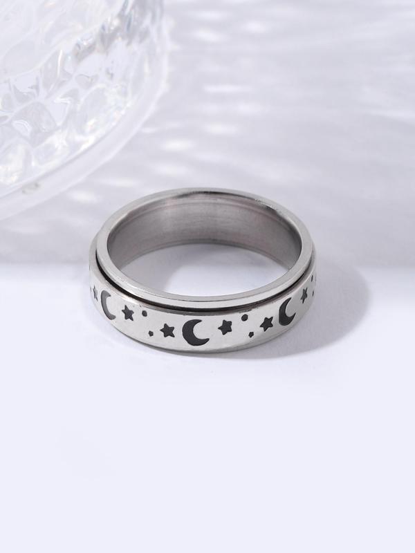 Star & Moon Decorated Ring, Casual Simple Stainless Steel Ring for Daily Wear, Fashion Jewelry for Party, Daily Clothing Decor, Trendy All-match & Exquisite Jewelry for Birthday Gift