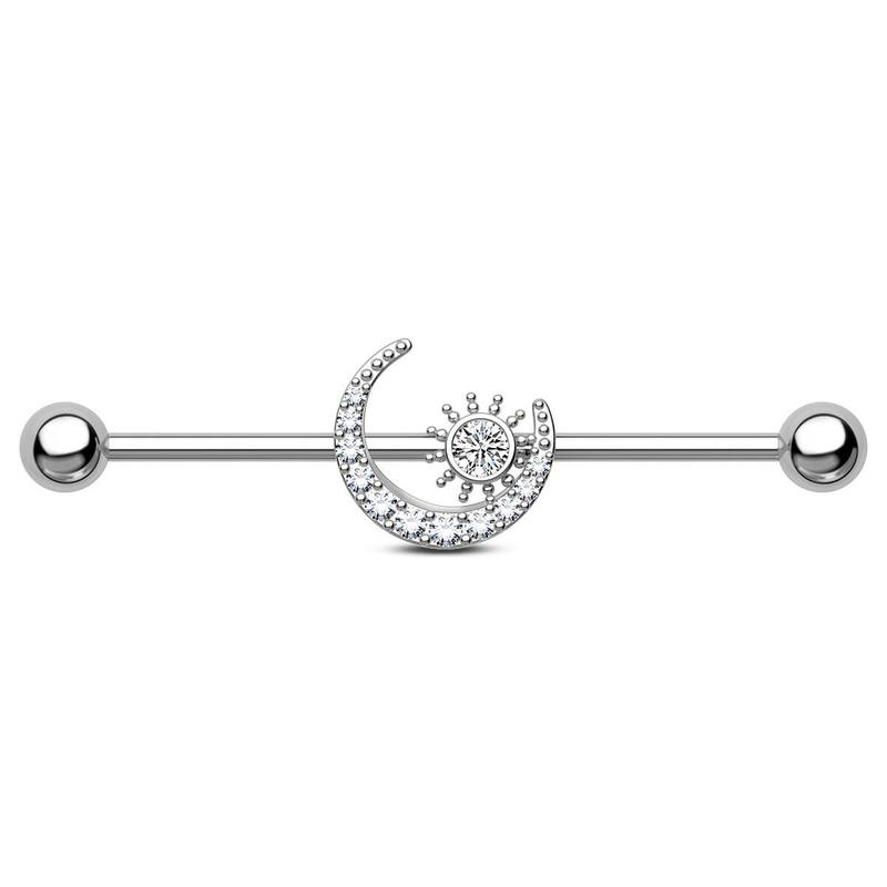 Oufer 14G Clear CZ Moon and Sun Industrial Barbell