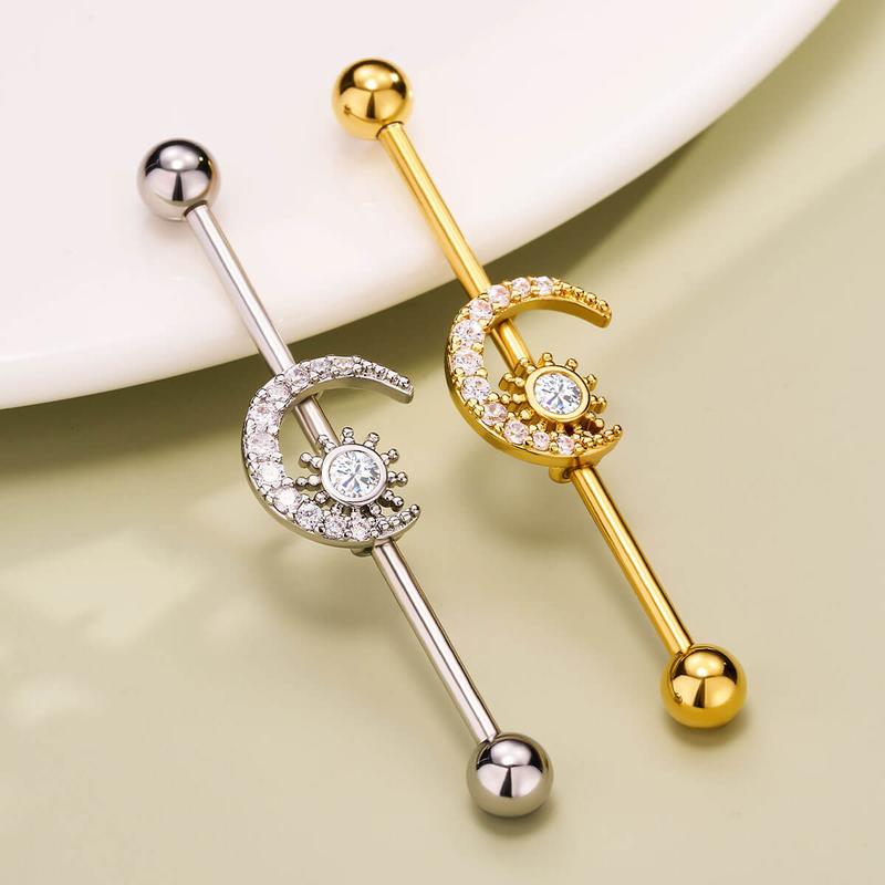 Oufer 14G Clear CZ Moon and Sun Industrial Barbell