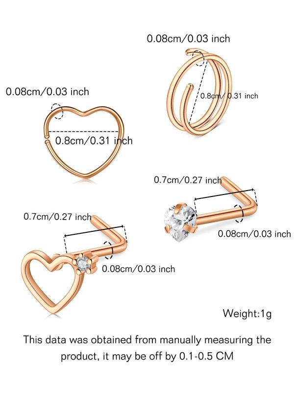 Rhinestone Decor L-shape Nose Ring (18pcs), Heart Shaped Nose Studs for Women & Men, Fashion Y2k Stainless Steel Jewelry for Party, Daily Clothing Decor, Birthday Gift