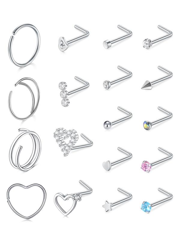 Rhinestone Decor L-shape Nose Ring (18pcs), Heart Shaped Nose Studs for Women & Men, Fashion Y2k Stainless Steel Jewelry for Party, Daily Clothing Decor, Birthday Gift