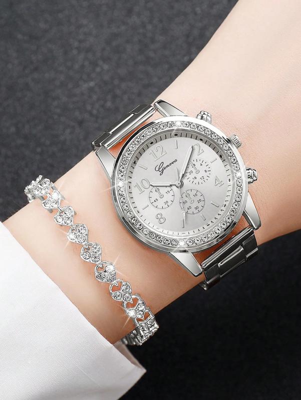 6pcs Set Women's Fashionable Quartz Wristwatch, Diamond Inlaid Three-Eye Numeric Dial & Full Diamond Heart Bracelet – Elegant & Luxury Gift Set